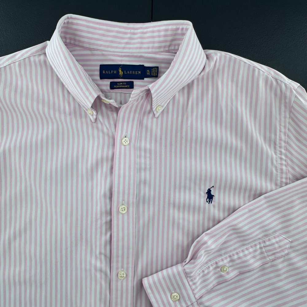 Ralph Lauren Mens XL Slim Fit Performance Shirt Pink White Striped Button Down - Picture 1 of 9